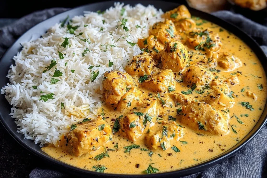 Easy Homemade Chicken Korma with creamy coconut curry sauce and basmati rice garnished with fresh cilantro