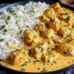Easy Homemade Chicken Korma with creamy coconut curry sauce and basmati rice garnished with fresh cilantro