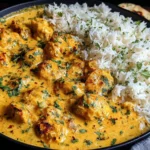 Easy Homemade Chicken Korma served with fluffy basmati rice and warm flatbread in a creamy curry sauce