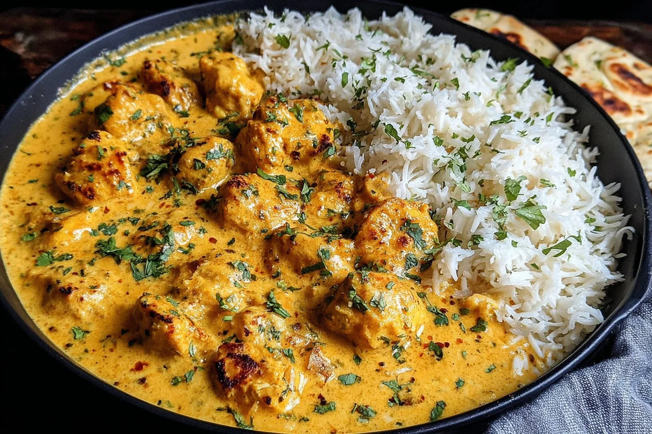 Easy Homemade Chicken Korma served with fluffy basmati rice and warm flatbread in a creamy curry sauce
