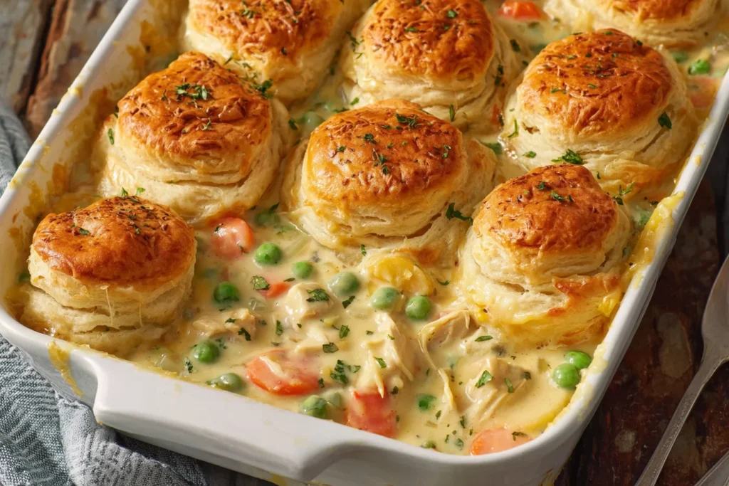 Easy Homemade Chicken Pot Pie Casserole baked with fluffy biscuits and creamy vegetables