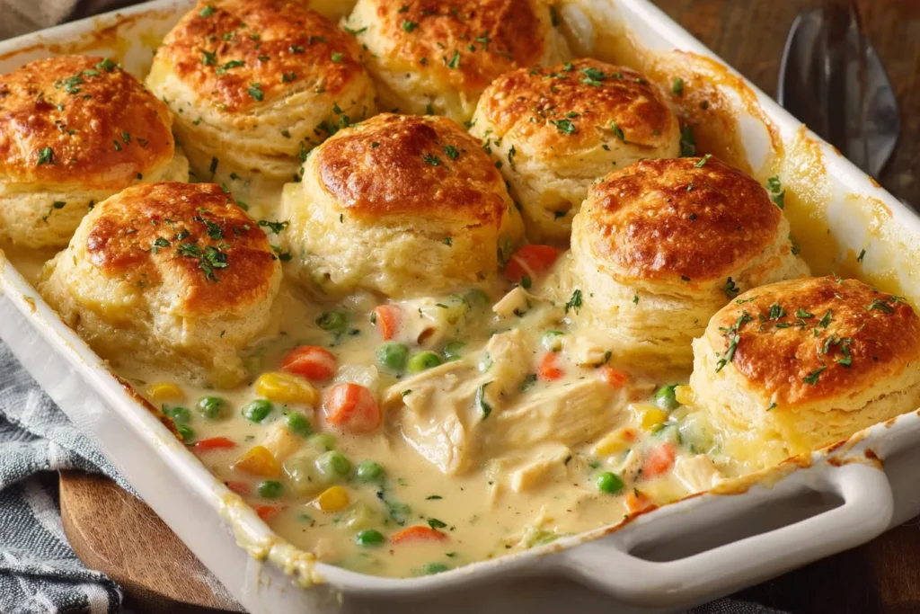 Easy Homemade Chicken Pot Pie Casserole with creamy chicken filling and golden flaky biscuits