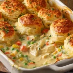 Easy Homemade Chicken Pot Pie Casserole with creamy chicken filling and golden flaky biscuits