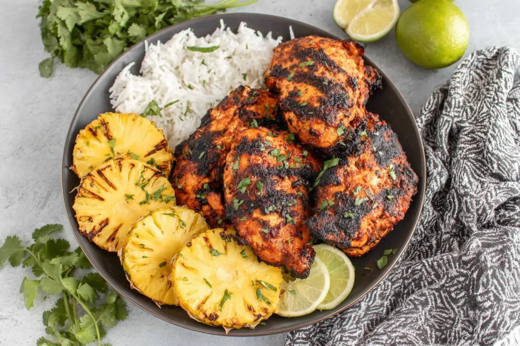 Easy Homemade Grilled Pineapple Chicken served with rice, grilled pineapple slices, and lime wedges