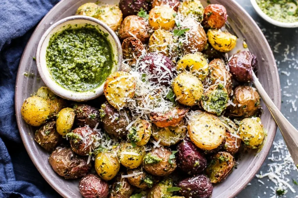 Parmesan Pesto Roasted Potatoes served in a bowl with vibrant pesto sauce and freshly grated parmesan over crispy roasted baby potatoes