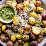Parmesan Pesto Roasted Potatoes served in a bowl with vibrant pesto sauce and freshly grated parmesan over crispy roasted baby potatoes