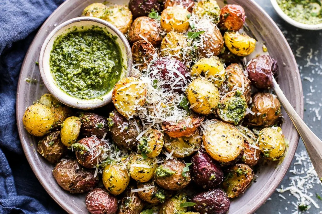 Parmesan Pesto Roasted Potatoes served in a bowl with vibrant pesto sauce and freshly grated parmesan over crispy roasted baby potatoes