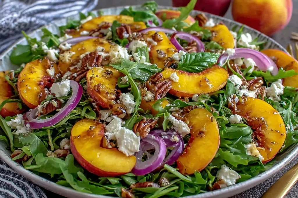 Easy Peach Arugula Salad Recipe topped with peaches, pecans, feta cheese, and red onion