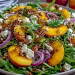Easy Peach Arugula Salad Recipe topped with peaches, pecans, feta cheese, and red onion