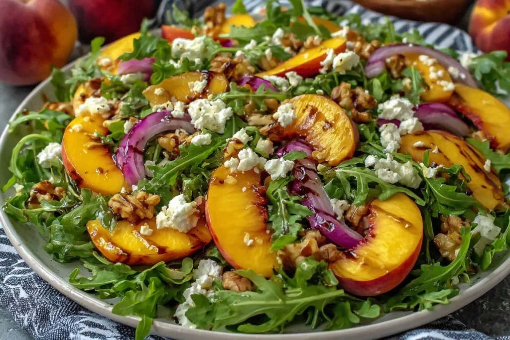 Easy Peach Arugula Salad Recipe with grilled peaches, arugula, goat cheese, walnuts, and red onion