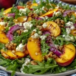 Easy Peach Arugula Salad Recipe with grilled peaches, arugula, goat cheese, walnuts, and red onion