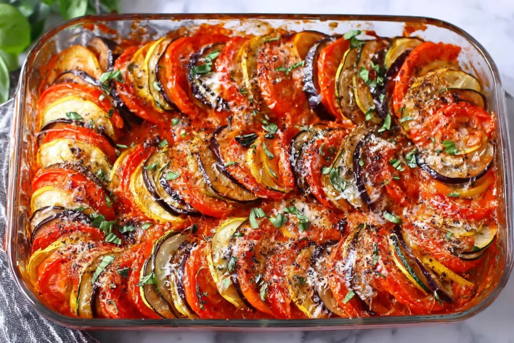 Easy Ratatouille Recipe with roasted zucchini, eggplant, tomatoes, and onions in a savory tomato sauce