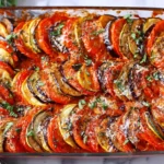 Easy Ratatouille Recipe with roasted zucchini, eggplant, tomatoes, and onions in a savory tomato sauce