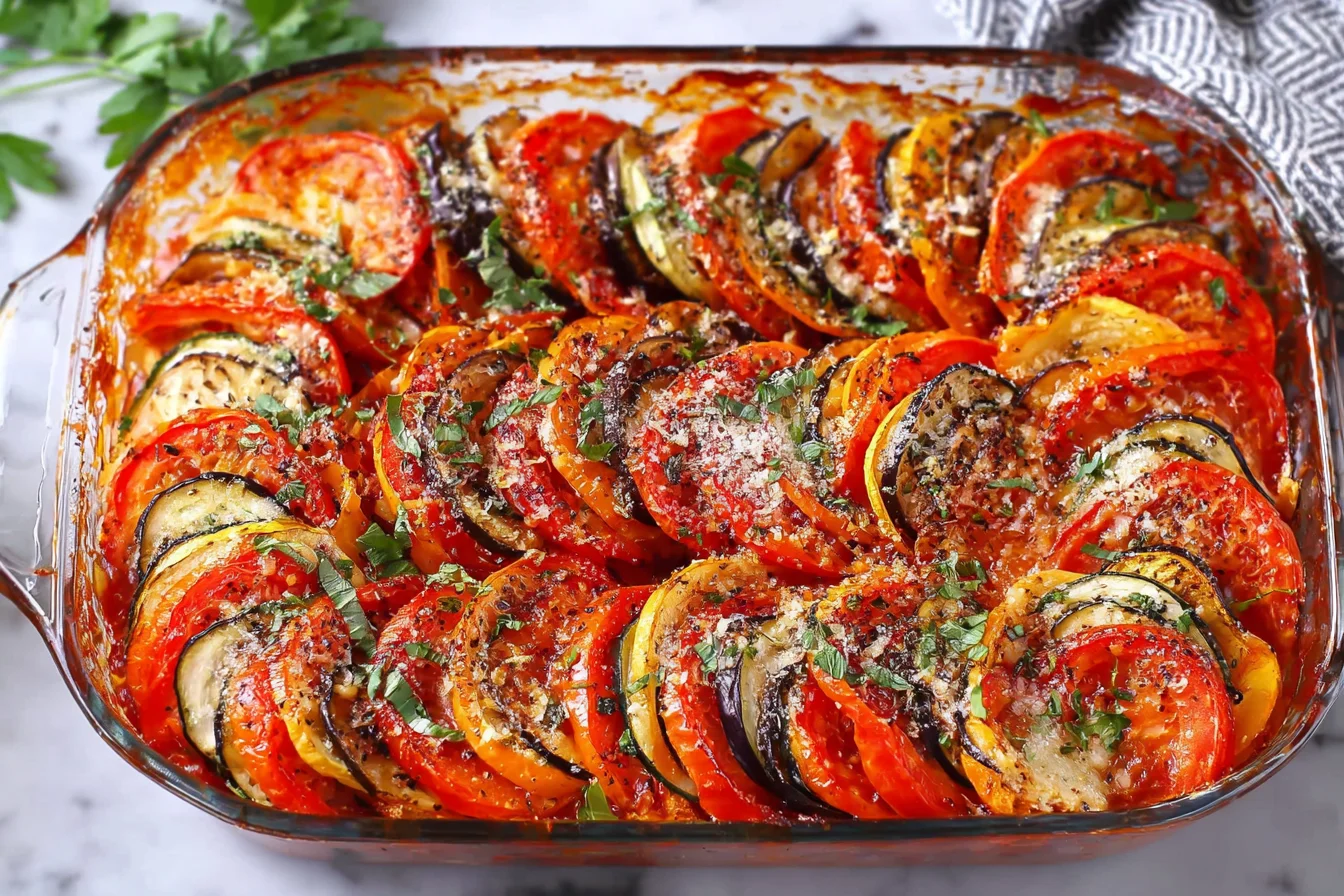 Easy Ratatouille Recipe baked until tender with roasted vegetables, herbs, and a light Parmesan topping