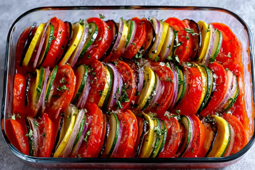 Easy Ratatouille Recipe with colorful sliced tomatoes, zucchini, eggplant, and onions arranged over rich tomato sauce before baking