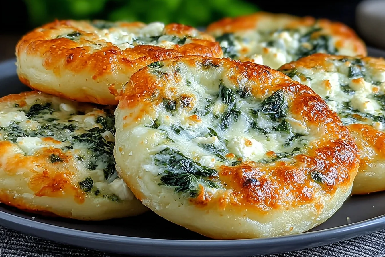 Easy Spinach Cottage Cheese Flagels baked until golden brown with melted cheese and fresh spinach