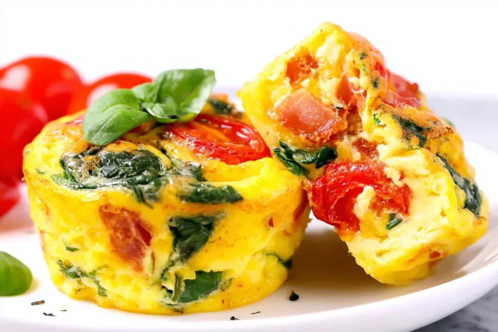 Egg Muffins with Spinach and Feta Recipe served with fresh tomatoes and spinach on a white plate