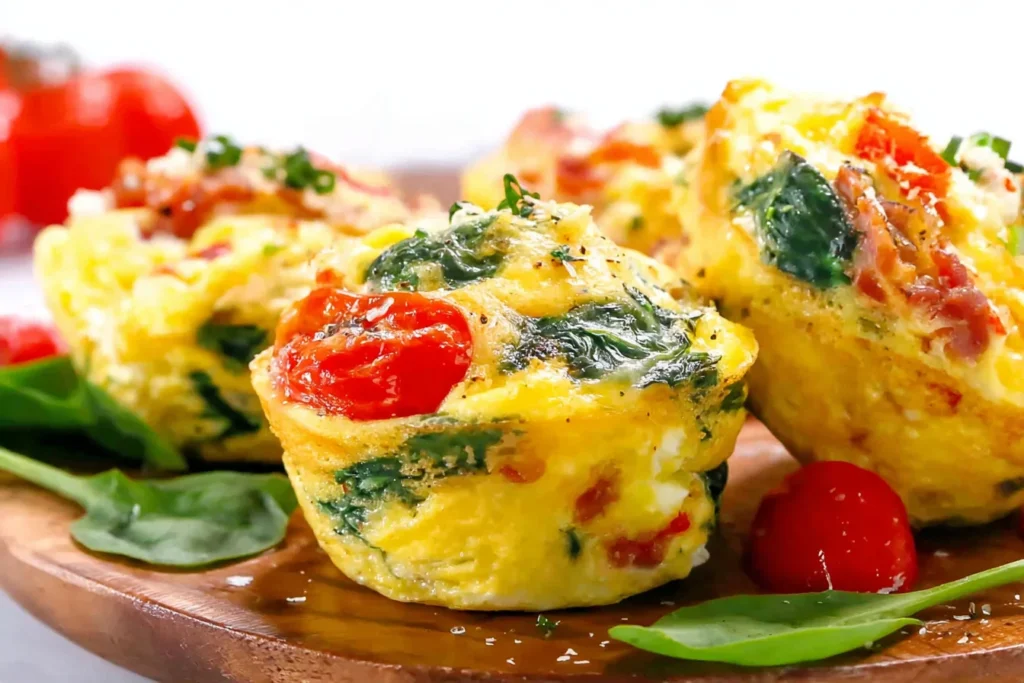 Egg Muffins with Spinach and Feta Recipe with cherry tomatoes and spinach on a wooden serving board