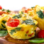 Egg Muffins with Spinach and Feta Recipe with cherry tomatoes and spinach on a wooden serving board