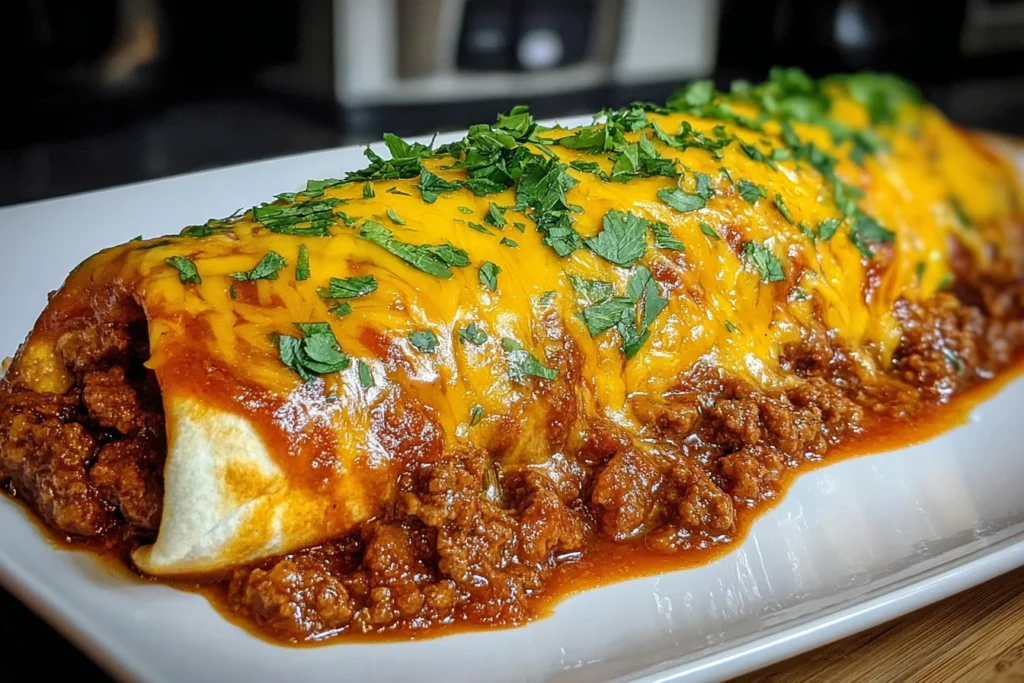 Enchirito Recipe baked with savory ground beef, enchilada sauce, melted cheese, and fresh cilantro garnish