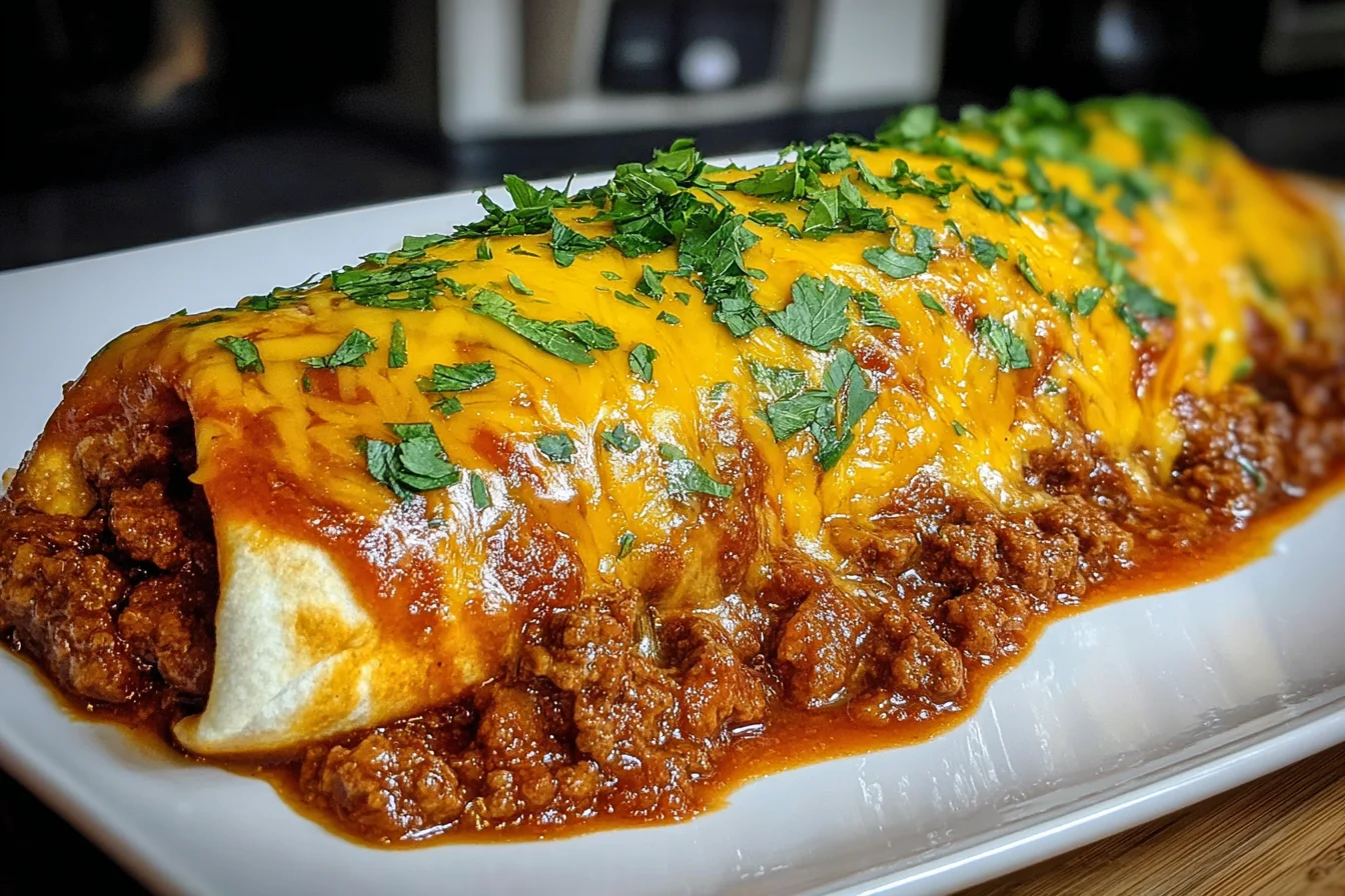 Enchirito Recipe baked with savory ground beef, enchilada sauce, melted cheese, and fresh cilantro garnish