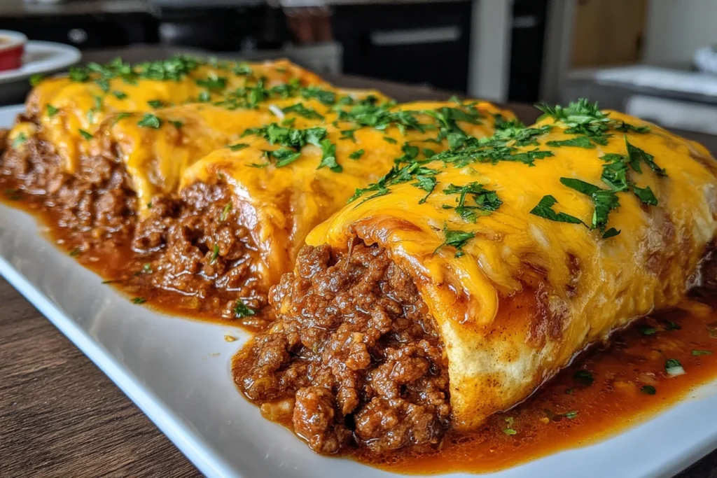 Enchirito Recipe topped with melted cheddar cheese, seasoned beef, and fresh cilantro on a white serving platter