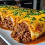 Enchirito Recipe topped with melted cheddar cheese, seasoned beef, and fresh cilantro on a white serving platter