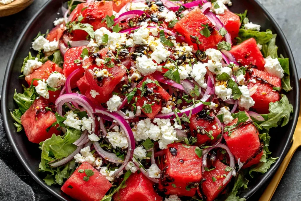 Feta Watermelon Salad Recipe topped with feta crumbles, fresh herbs, and sliced red onion