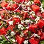 Feta Watermelon Salad Recipe with arugula, red onion, feta cheese, and balsamic glaze in a black serving bowl