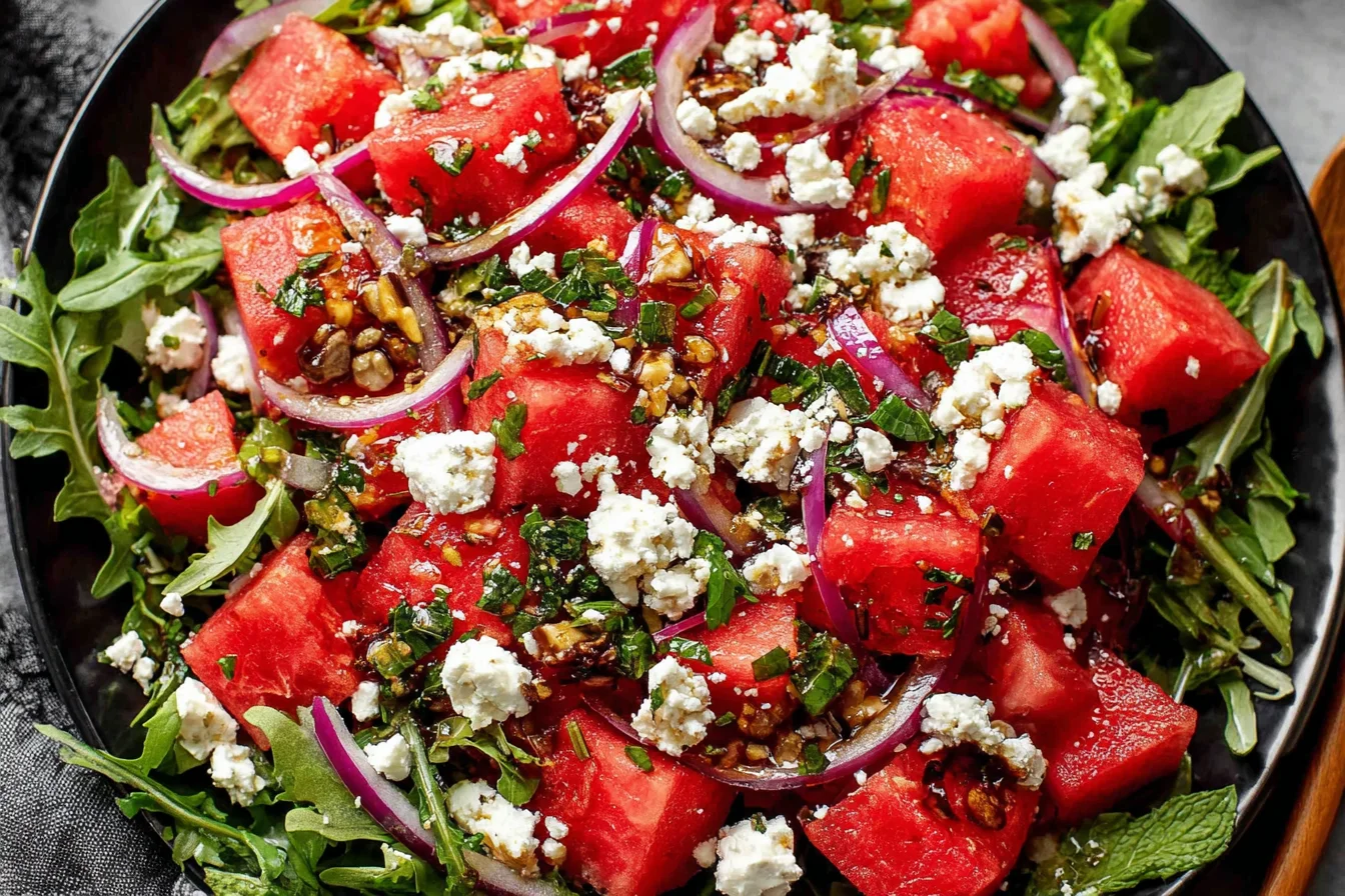 Feta Watermelon Salad Recipe with arugula, red onion, feta cheese, and balsamic glaze in a black serving bowl