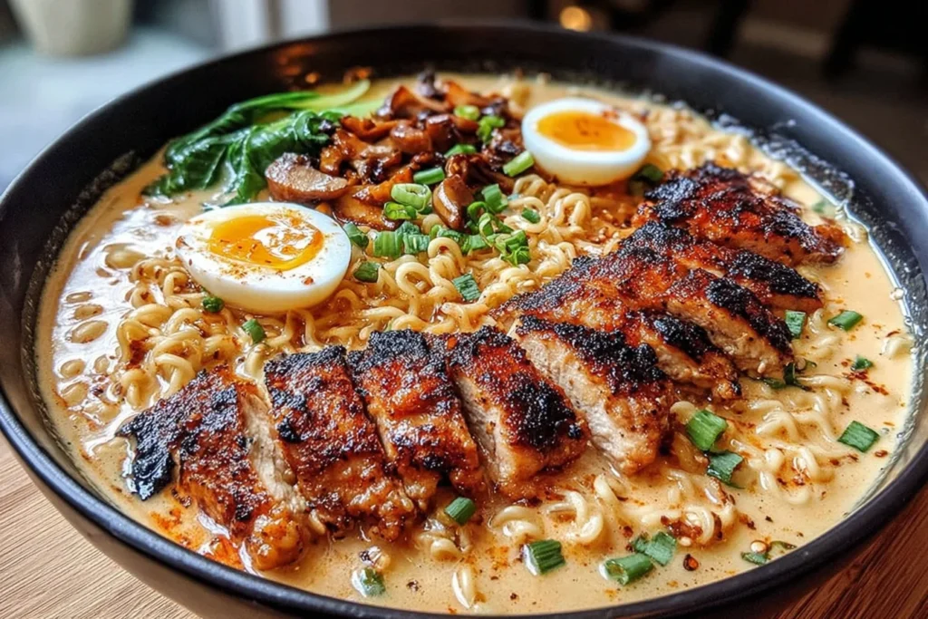 Fiery Chicken Ramen with Creamy Garlic Sauce with crispy chicken, creamy broth, mushrooms, ramen noodles, and soft-boiled eggs
