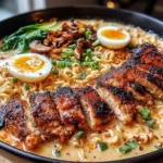 Fiery Chicken Ramen with Creamy Garlic Sauce with crispy chicken, creamy broth, mushrooms, ramen noodles, and soft-boiled eggs