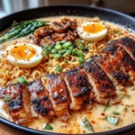 Fiery Chicken Ramen with Creamy Garlic Sauce topped with grilled chicken, ramen noodles, soft-boiled eggs, and green onions