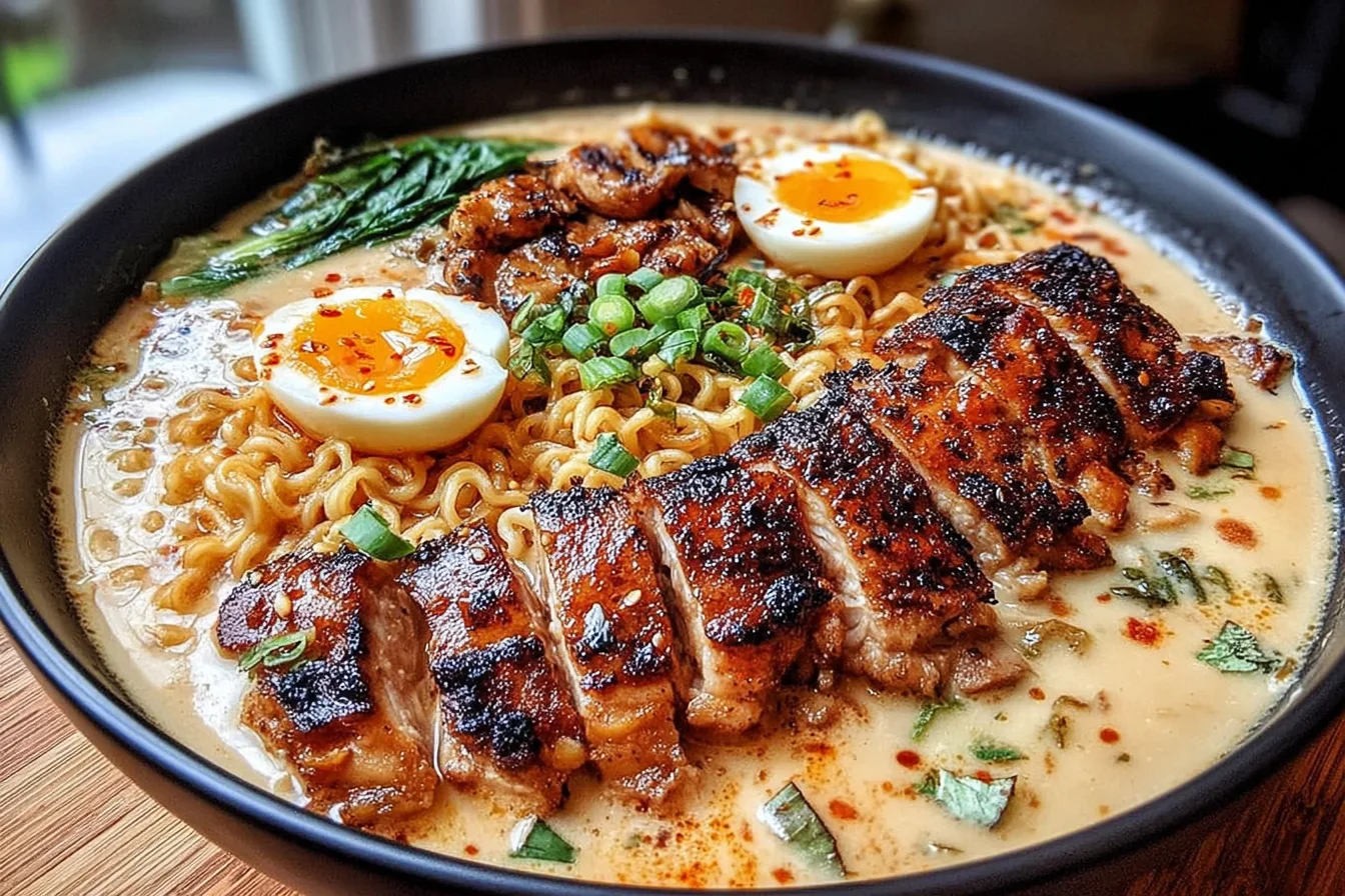 Fiery Chicken Ramen with Creamy Garlic Sauce topped with grilled chicken, ramen noodles, soft-boiled eggs, and green onions