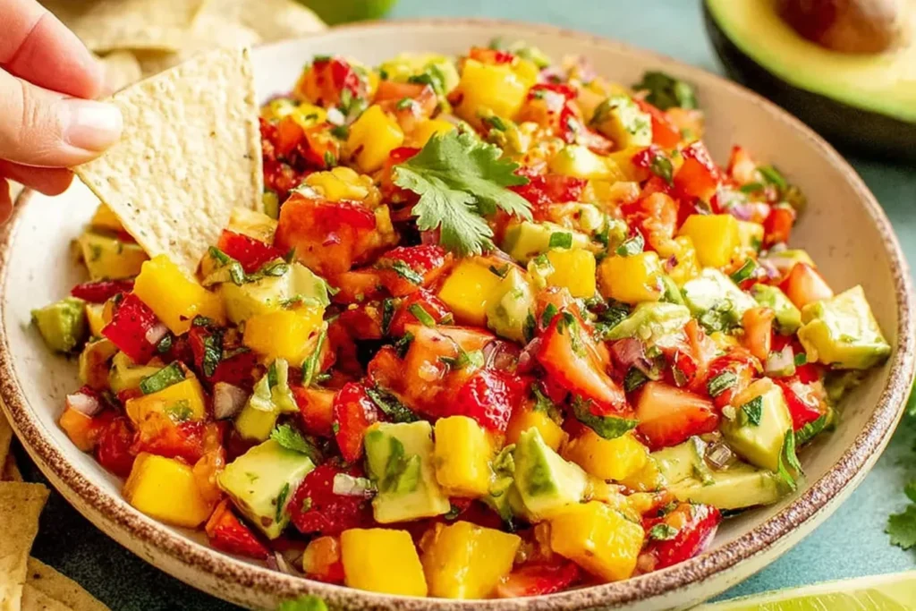 Avocado Strawberry Mango Salsa with diced avocado, strawberries, mango, and cilantro served with tortilla chips