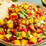 Avocado Strawberry Mango Salsa with diced avocado, strawberries, mango, and cilantro served with tortilla chips