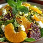 Citrus Feta Salad with Orange Segments topped with pistachios, mint, and fresh greens in a vibrant healthy bowl