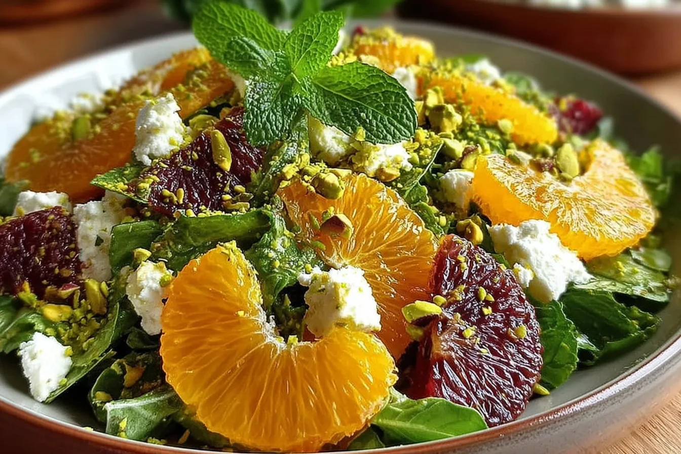 Citrus Feta Salad with Orange Segments topped with pistachios, mint, and fresh greens in a vibrant healthy bowl