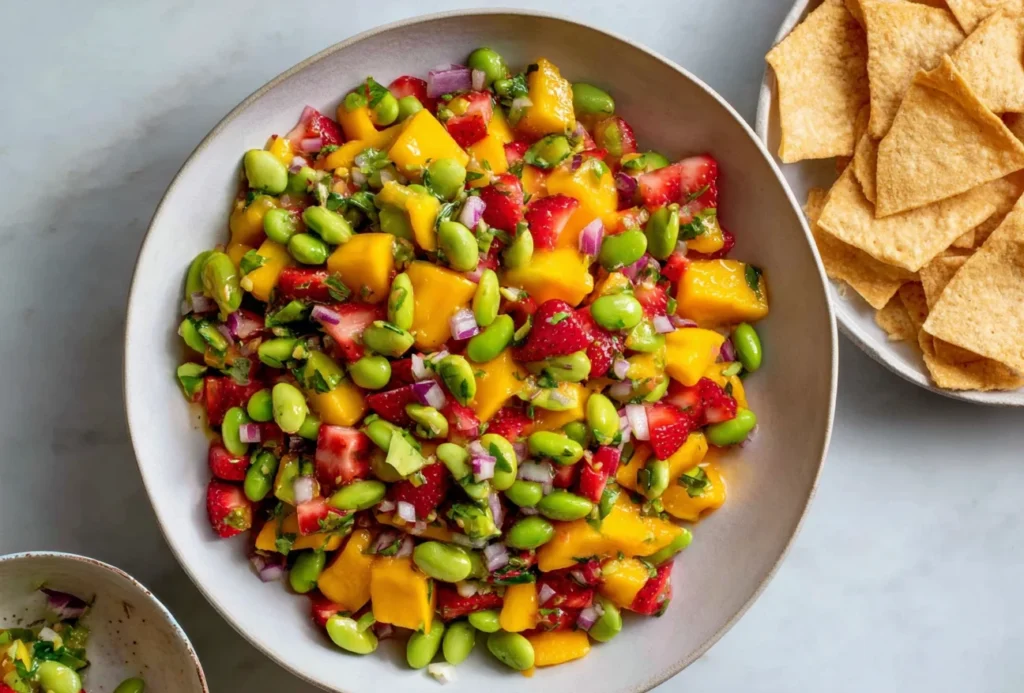 Mango Strawberry Avocado Edamame Salsa served in a bowl with tortilla chips, featuring fresh mango, strawberries, avocado, and edamame