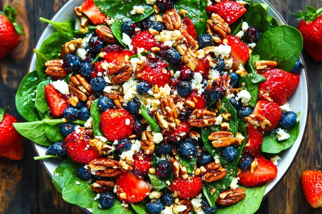Colorful Strawberry Spinach Salad with fresh strawberries, blueberries, feta crumbles, and toasted pecans topped with balsamic glaze