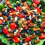 Colorful Strawberry Spinach Salad with fresh strawberries, blueberries, feta crumbles, and toasted pecans topped with balsamic glaze