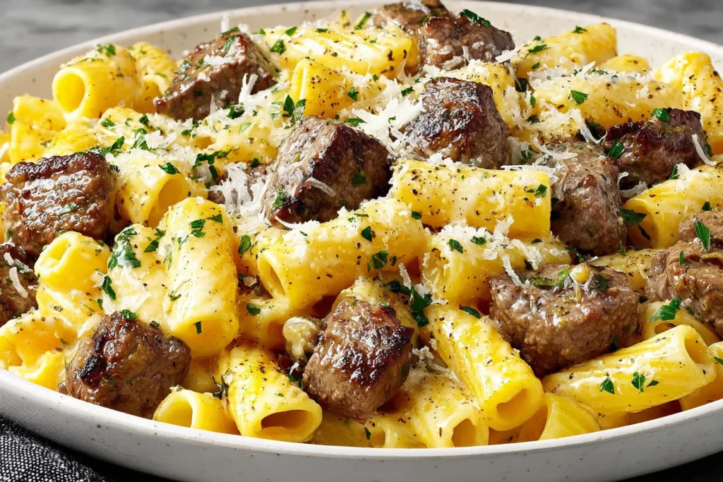 Garlic Butter Steak Rigatoni Recipe with creamy Parmesan sauce and juicy steak bites