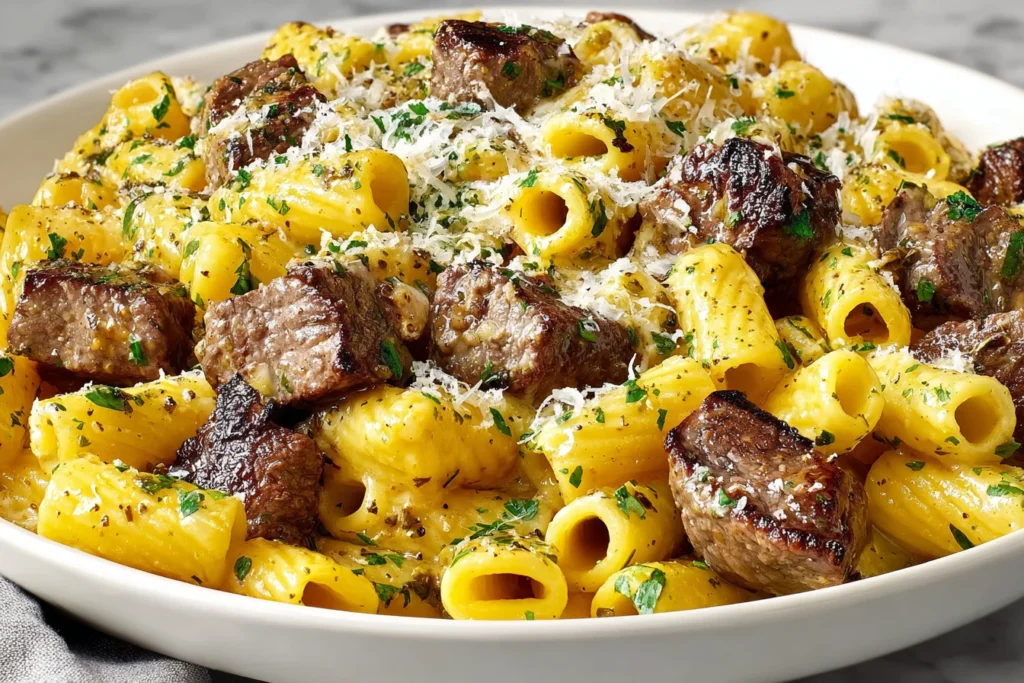 Garlic Butter Steak Rigatoni Recipe served with golden pasta and flavorful steak chunks