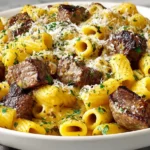 Garlic Butter Steak Rigatoni Recipe served with golden pasta and flavorful steak chunks