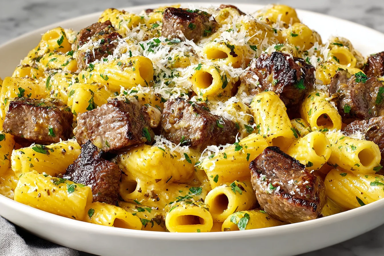 Garlic Butter Steak Rigatoni Recipe served with golden pasta and flavorful steak chunks