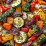 Garlic Roasted Vegetables served warm in a skillet with zucchini, broccoli, carrots, and peppers