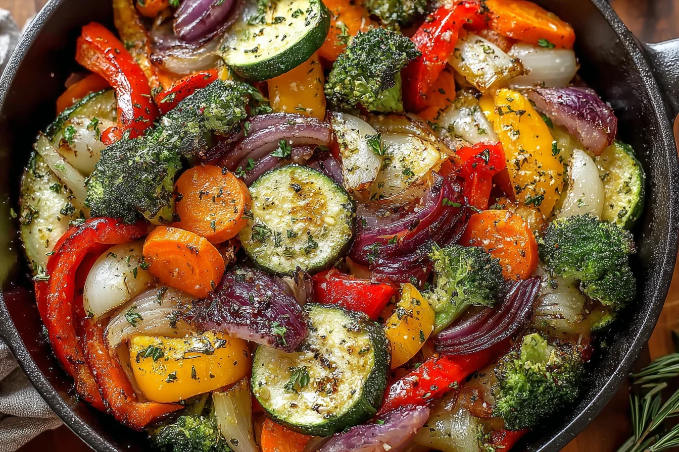 Garlic Roasted Vegetables served warm in a skillet with zucchini, broccoli, carrots, and peppers