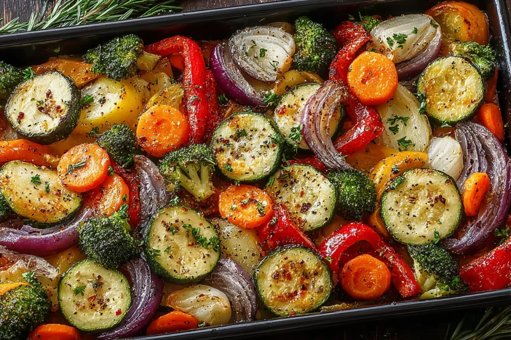 Garlic Roasted Vegetables with broccoli, zucchini, carrots, peppers, and red onion on a sheet pan