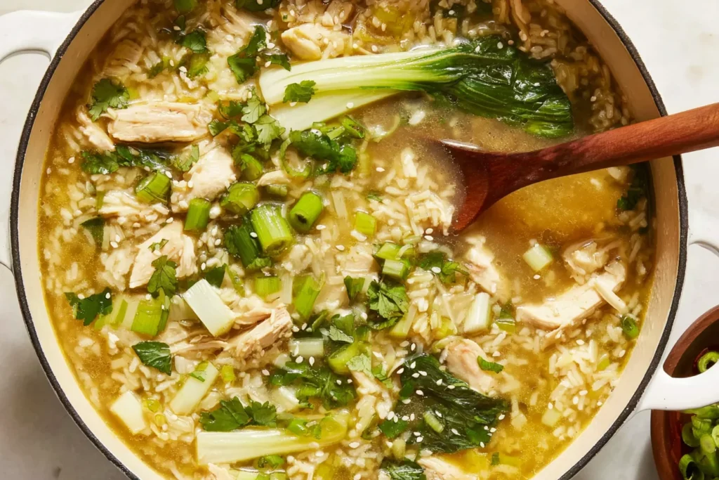 Ginger Chicken and Rice Soup Recipe simmering in a large pot with shredded chicken, bok choy, jasmine rice, and green onions