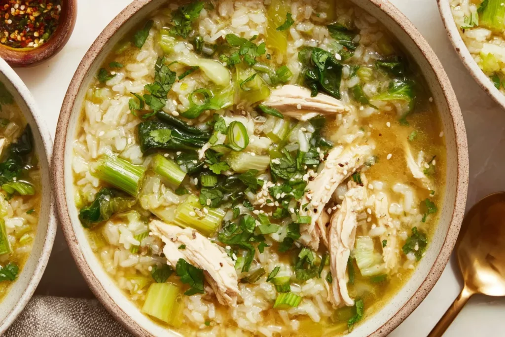 Ginger Chicken and Rice Soup Recipe served in a cozy bowl with bok choy, shredded chicken, jasmine rice, sesame seeds, and fresh herbs